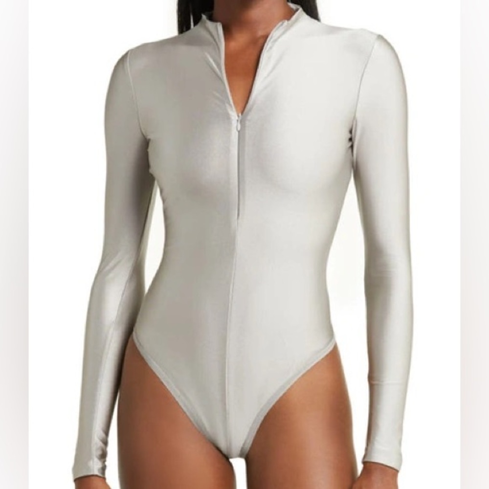 SKIMS Disco Mock Neck Long Sleeve Thong Bodysuit Size M Silver